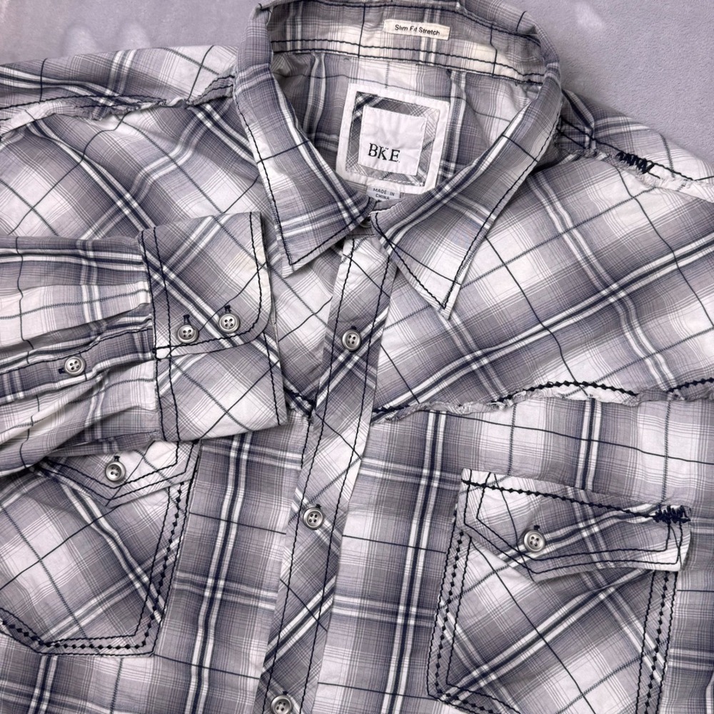 BKE Slim Fit Stretch Plaid Button Up Western Shirt Mens XXXL Grey White LS